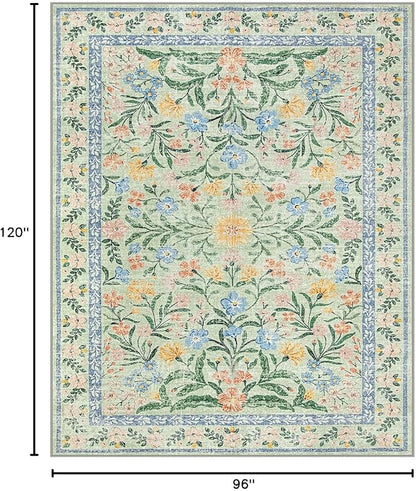 Lahome Machine Washable Area Rugs 8x10 Non Slip, Soft Boho Living Room Rugs, Ultra-Thin Vintage Cottage Throw Carpet for Home Office Dinning Room Kids Playroom, Green/Multi