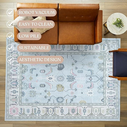 Fame Living Cream Blue Oushak Rug, Modern, Vintage, Turkish, Eclectic, Floral, Pastel, Washable, Large Area Rugs for Living Room, Dining, Bedroom, Girls, Boys, 7'5"x9'8"