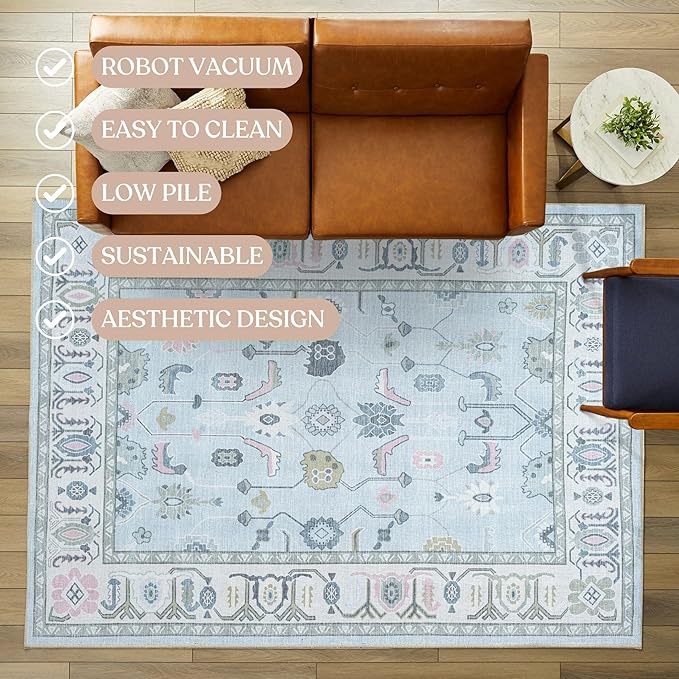 Fame Living Cream Blue Oushak Rug, Modern Rugs, Vintage, Turkish, Eclectic, Floral, Pastel, Washable, Small Throw, Accent Area Rug for Living Room, Bedroom, Kitchen, Bathroom, 2'5"x4'9