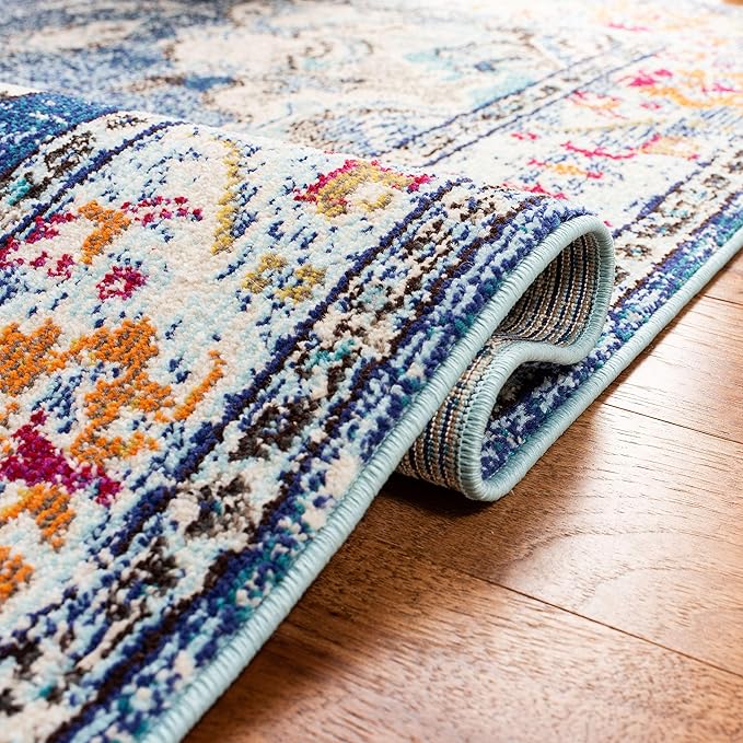 SAFAVIEH Monaco Collection Area Rug - 8' Square, Navy & Light Blue, Boho Chic Medallion Distressed Design, Non-Shedding & Easy Care, Ideal for High Traffic Areas in Living Room, Bedroom (MNC243N)
