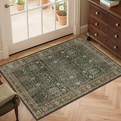 Bavni 2x3 Doormat, Machine Washable Runner Rug Non Slip, Vintage Floral Print Style Rugs for Entrance-Lightweight Low Pile Carpet for Hallways Kitchen and Corridor, Dark Green/Multi