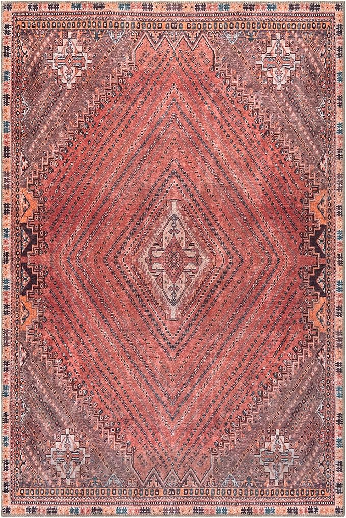 Bloom Rugs Washable Non-Slip 4' x 6' Rug - Red/Multicolor Traditional Bordered Area Rug for Living Room, Bedroom, Dining Room, and Kitchen - Exact Size: 4' x 6'