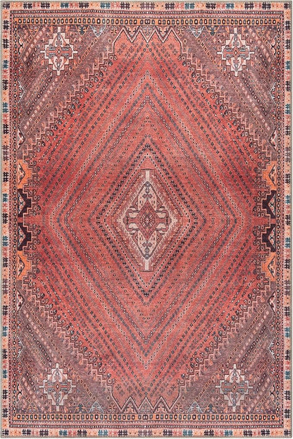 Bloom Rugs Washable Non-Slip 6' x 9' Rug - Red/Multicolor Traditional Bordered Area Rug for Living Room, Bedroom, Dining Room, and Kitchen - Exact Size: 6' x 9'