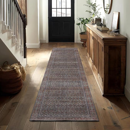 Kuden 2'6"x7' Runner Rug, Machine Washable Area Rug with Non-Slip Backing, Vintage Style, Soft, Easy Clean, Low Pile Rug for Hallway, Entryway, Kitchen, Bedroom