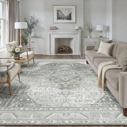 8x10 Grey Washable Vintage Area Rug for Living Room Bedroom Non Slip Distressed Traditional Soft Large Throw Rug Low Pile Lightweight Floral Carpet Office Indoor Classroom Dining Room