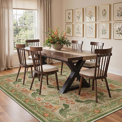Bavni 8x10 Area Rugs for Living Room, Microfiber Machine Washable Non-Slip Vintage Floral Rug, Low Pile Lightweight Carpet for Bedroom, Dining Room, Home Office, Sage Green & Burnt Orange