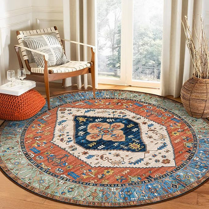 Lahome Boho Washable 4Ft Round Area Rug, Non-Slip Throw Untra-Thin Small Round Carpet, Oriental Vintage Distressed Circle Rug for Bedroom Kitchen Dining Living Room Office, 4x4/Rust