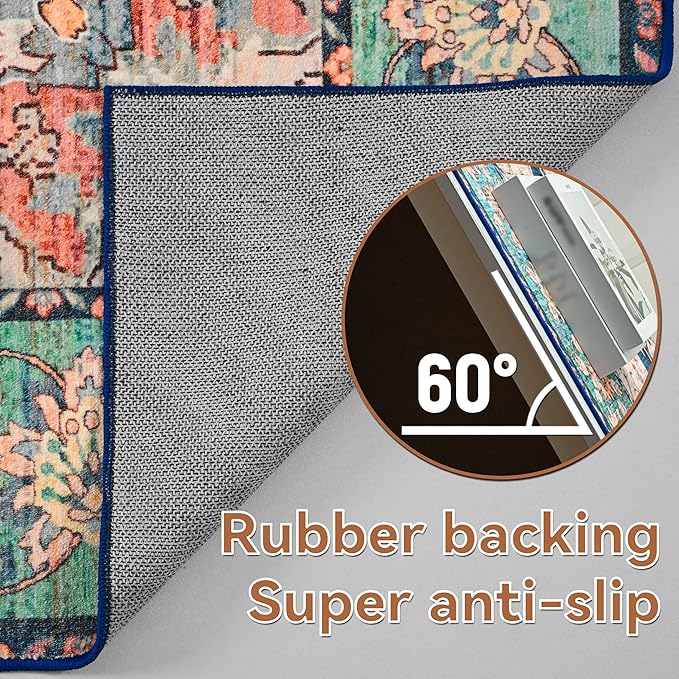 YJ.GWL Area Rugs for Living Room 5x7 Machine Washable Rugs, Non Slip Floral Vintage Rug Indoor Carpet, Stain Resistant Large Rug for Bedroom Dining Room, Red Blue Gradient Color