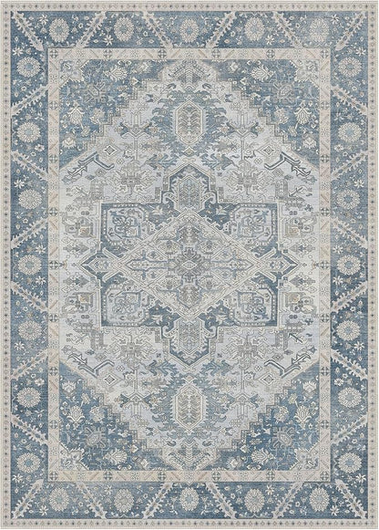 5x7 Area Rug Machine Washable Boho Rug for Living Room,Ultra-Thin Low Pile Carpet,Lightweight Indoor Printed Rug,Non Slip Floral Area Rug for Bedroom, Dining Room, Home Office,Light Blue