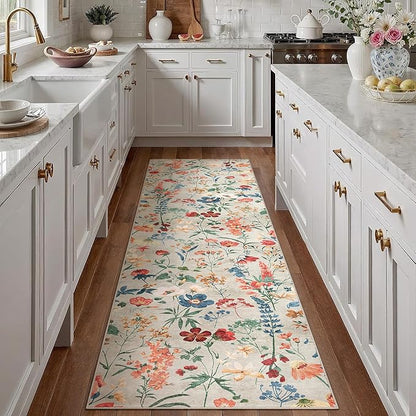 Floral Runner Rug 3x12 Washable Hallway Long Beige Bedroom Carpet Non Slip Indoor Boho Kitchen Low Pile Accent Rug Lightweight Soft for Bathroom Dining Laundry Living Room