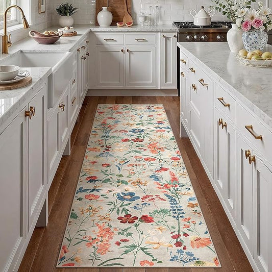 Floral Runner Rug 2x7 Washable Hallway Long Beige Bedroom Carpet Non Slip Indoor Boho Kitchen Low Pile Accent Rug Lightweight Soft for Bathroom Dining Laundry Living Room