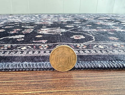 GLN Rugs Traditional Collection - Machine Washable Area Rug, Traditional Washable, Non Slip, Low Pile Chenille Rug, Living Room, Bedroom, Kitchen Rug (2'6" x 10' Black)