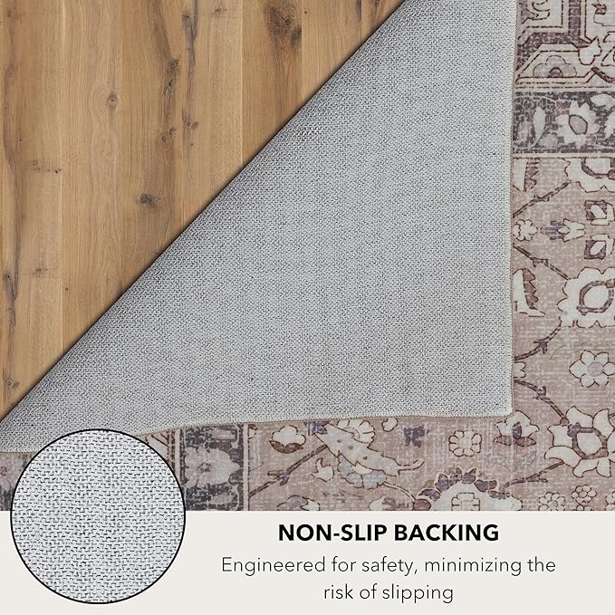Kuden 8x10 Large Area Rug, Machine Washable Area Rug with Non-Slip Backing, Vintage Style, Soft, Easy Clean, Low Pile Rug for Living Room, Bedroom, Dining Room