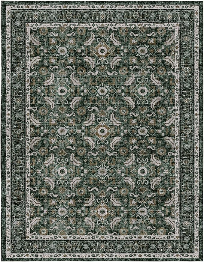 WITSHOCK Living Room Area Rugs 5x8: Soft Non-Slip Backing Washable Rugs Vintage Large Carpet for Bedroom Office Dining Room Kitchen Stain Resistant Home Decor Rug, Dark Green