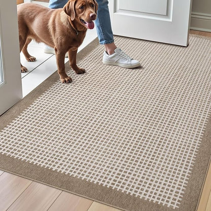 LUMI Inside Door Mat for Entry 30''x48'', Absorbent, Dirt Trapper, Low Profile Thin, Non Slip Mats with Rubber Backing, Ideal for Indoor, High Traffic, Garage, Entrance, Checkered Beige