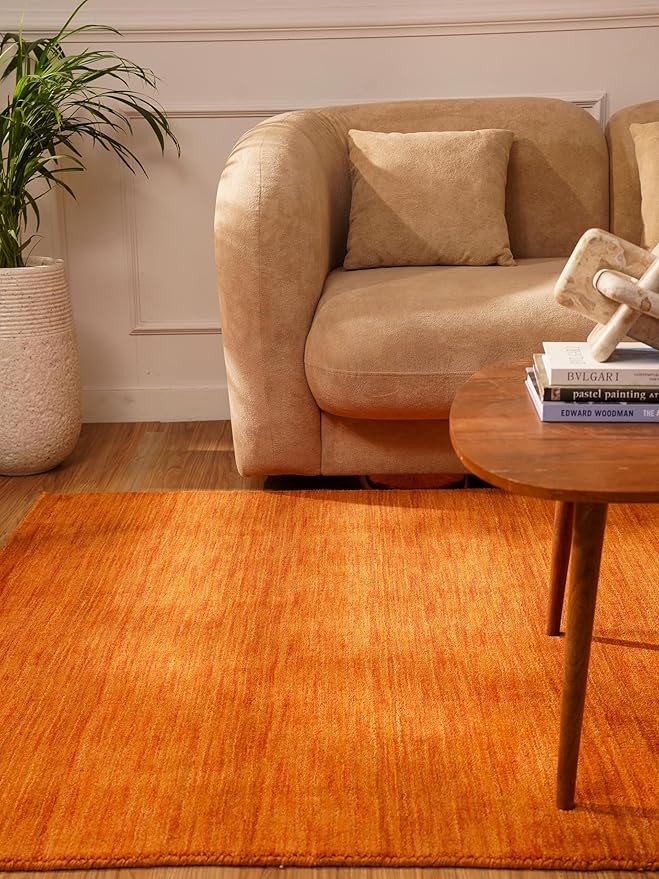 Rugsotic Carpets Hand Knotted Loom Wool ECO-Friendly Area Rugs - 5'7''x7'10'', Rectangle Shape, Orange, Solid, High Pile Thick Handmade Anti Skid Area Rugs for Living Room, Bed Room (L00111)