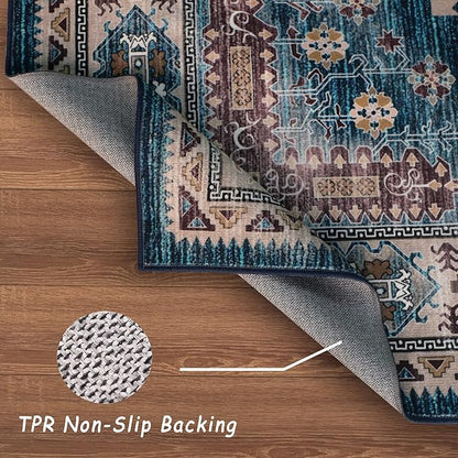 vivorug 3x5 Rug, Small Area Rug for Living Room, Bedroom, Kitchen, Machine Washable Non-Slip Throw Rug, Vintage Distressed Medallion Carpet for Entryway Nursery Dinner Room - Durable (Blue)
