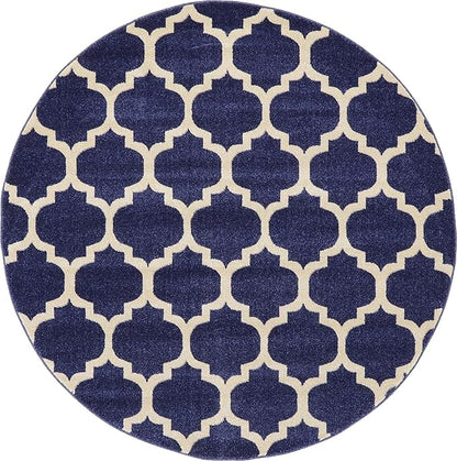 Rugs.com Lattice Collection Rug – 6 Ft Round Dark Blue Medium Rug Perfect for Kitchens, Dining Rooms