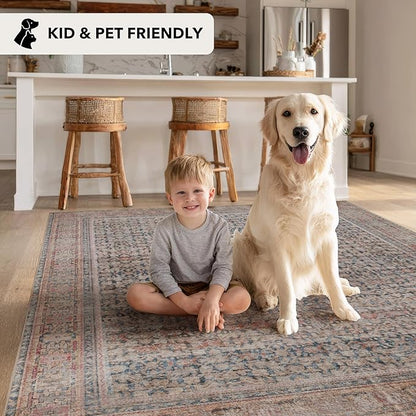 Kuden 4x6 Area Rug, Machine Washable Area Rug with Non-Slip Backing, Vintage Style, Soft, Easy Clean, Low Pile Rug for Living Room, Bedroom, Dining Room