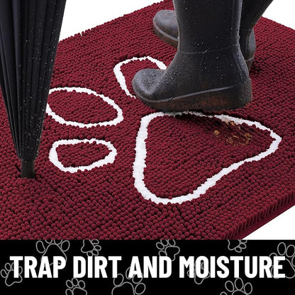 Smiry Dog Door Mat for Muddy Paws, Absorbent Dirt Trapper Non Slip Quick Dry Washable Chenille Mat for Mud Dogs, Entry Rug for Indoor and Outdoor (70x24 Inches, Burgundy and White)