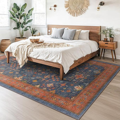 Navy Blue Large Area Rugs 8x12 Living Room, Geometric Floral Rugs for Dining Room Under Table - Washable Low Pile & Soft Carpet for Bedroom - Vintage Boho Stain Resistance Indoor Décor