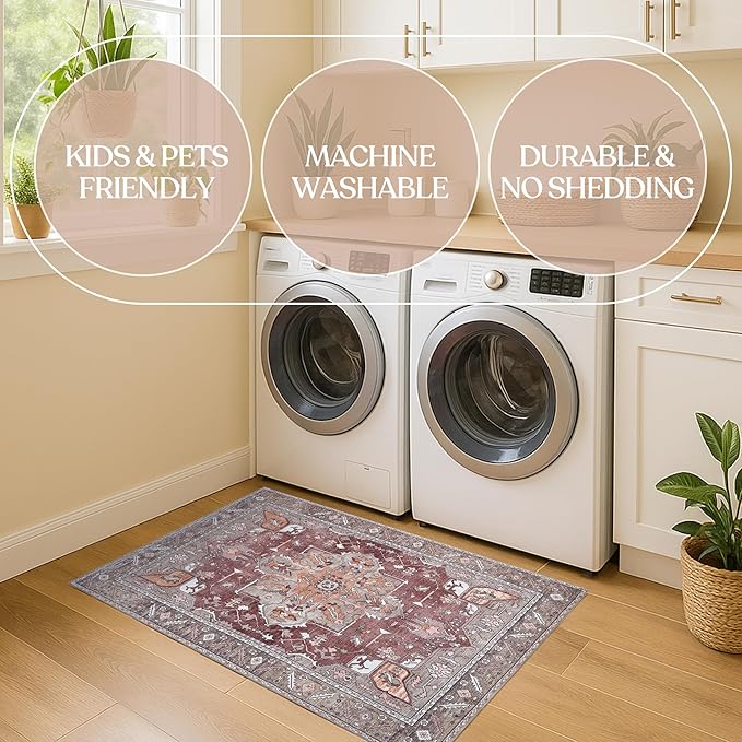 Washable Area Rug. Modern Farmhouse. Vintage. Turkish. Bohemian. Distressed. Oriental. Traditional. Rugs for Living Room. Dining. Bedroom. Office. Entryway. Foyer. (857RB, 2'5 x 9'8)