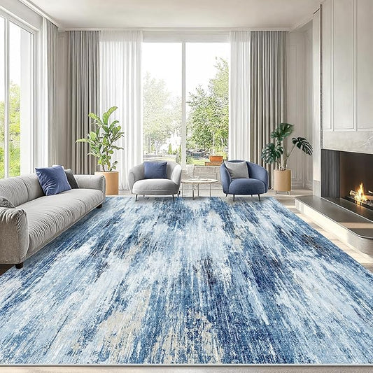 AMADA HOMEFURNISHING 9x12 Area Rugs for Living Room, Modern Large Area Rugs with Non-Slip Backing & Low Pile, Neutral Soft Washable Rug for Nursery, Bedroom, Dinning Room, Playroom, Blue