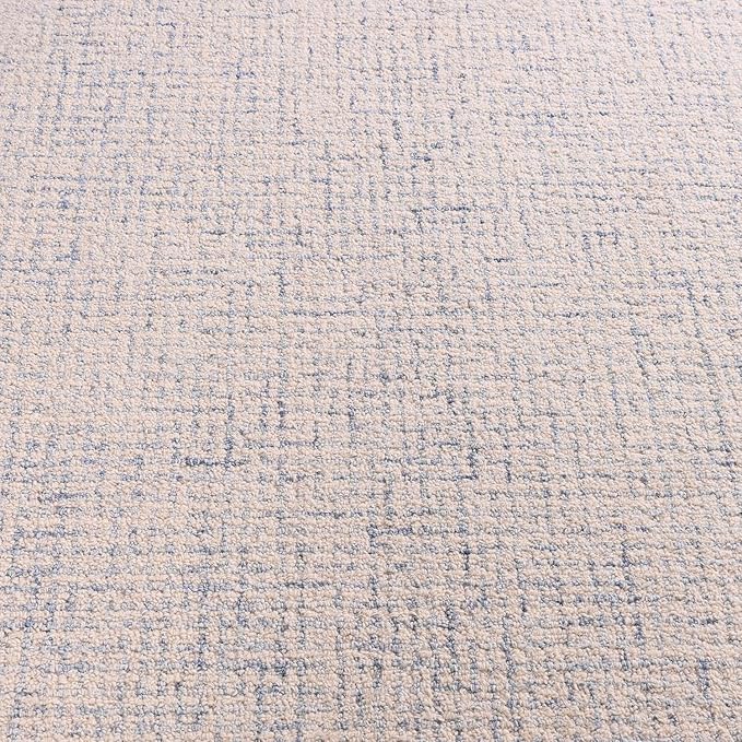 Hand-Tufted 100% Wool Pile Area Rug – Geometric Textured Grid Check Pattern – Thick and Durable Floor Carpet for Bedroom, Living Room, Kids Room, and Dining Area (Ivory Blue, 9' x 9')