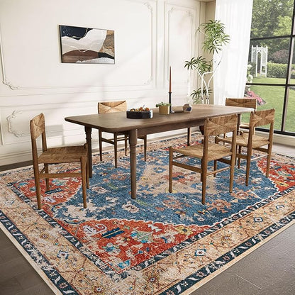 Area Rug 9x12 Washable Rug, Vintage Boho Medallion Rugs Non-Slip Soft Low Pile Large Distressed Rug Indoor Retro Carpet for Living Room Bedroom Dining Room Home Office (Tribal Medallion/Multi, 9'x12')