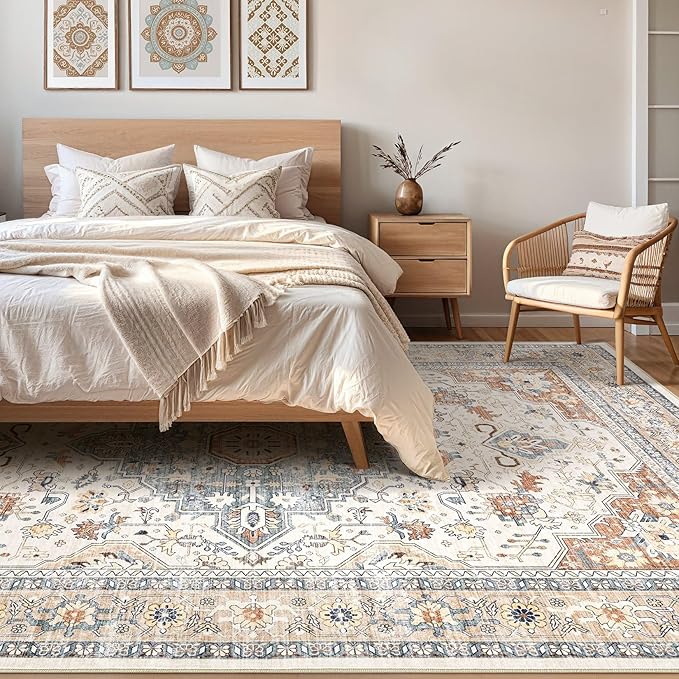 7x10 Area Rug Living Room: Washable Boho Large Neutral Vintage Soft Rug Stain Resistant Distressed Farmhouse Non-Slip Indoor Floor Carpet for Bedroom Nursery Kids Office Dining Room- Beige Blue
