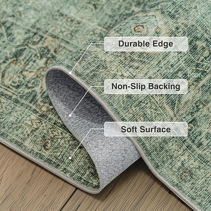 FMFUNCTEX 5x7 Washable Area Rug Green Neutral Vintage Distressed Oriental Non Slip Low Pile Traditional Indoor Carpet for Living Room Bedroom Soft Retro Throw Rug for Dining Office Kitchen Entryway
