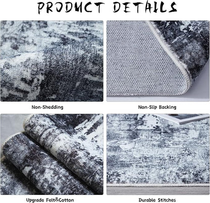 Rugcomf 3x5 Washable Boho Soft Area Rug - Abstract Pattern, Non-Slip, Non-Shedding Faux Wool Vintage Rug for Bedside, Bedroom, Kitchen, Indoor, Grey and Black