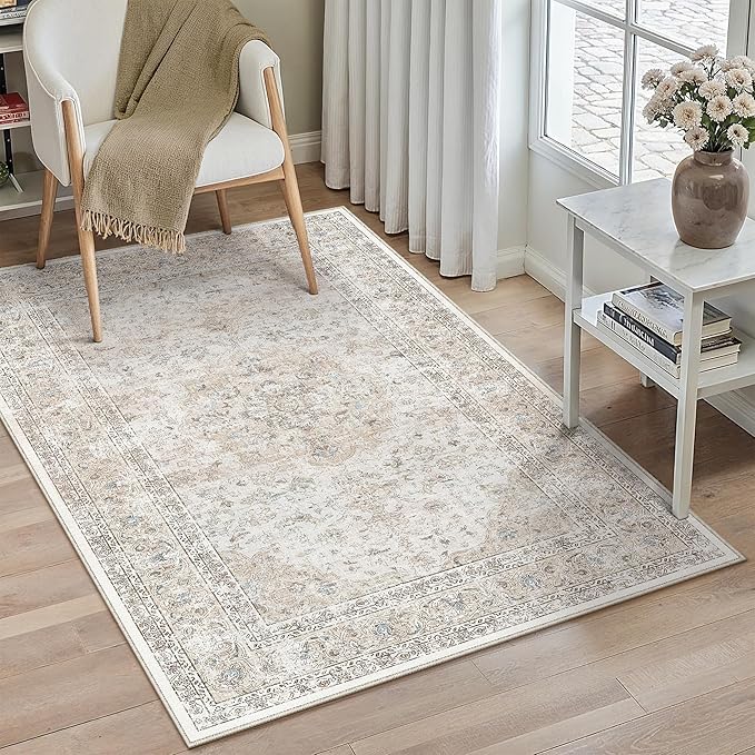 3x5 Washable Vintage Area Rug for Living Room Bedroom Beige Grey Soft Tranditional Non Slip Thin Throw Rug Lightweight Floral Low Pile Distressed Carpet Entrance Laundry Room Playroom