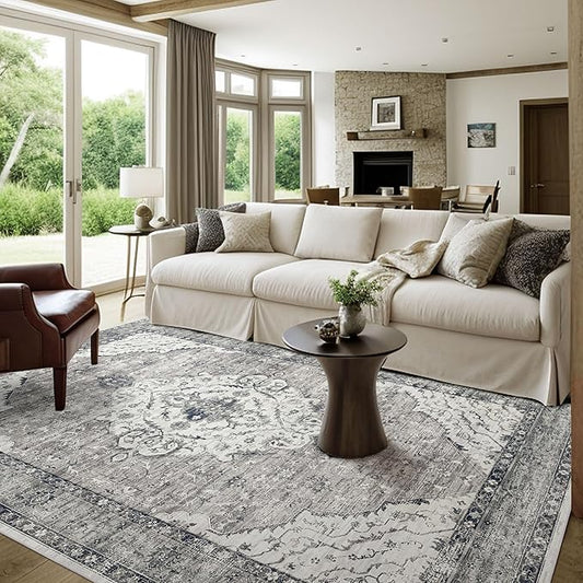 Deerly Grey Rug 6x9 Boho Vintage Rugs for Living Room, Washable Rugs Non Slip Large Area Rug for Dining Room Bedroom Office, Floor Decoration Big Rug Low-Pile Kid & Pet Friendly(Grey)