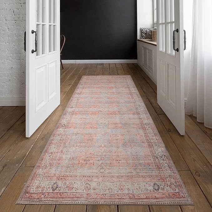 GLN Rugs Traditional Collection - Machine Washable Area Rug, Traditional Washable, Non Slip, Low Pile Chenille Rug, Living Room, Bedroom, Kitchen Rug (2'6" x 10' Terra/Multicolor 1153)