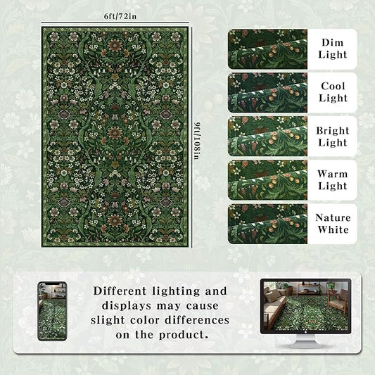 Floral Washable 6x9 Area Rug，Dark Green Boho Rugs for Living Room, Soft Low-Pile Non-Slip Stain Resistant & Non-Shedding Carpet for Bedroom, Dining Room, Office, Entryway, Nursery