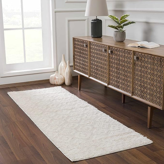 Hauteloom Tilos Moroccan Farmhouse Hallway, Entryway Shag Runner Rug - Shaggy Long Runner Rug - Trellis Pattern - High Plush Pile - Cream, Pink, Beige - 2'7" x 7'3"
