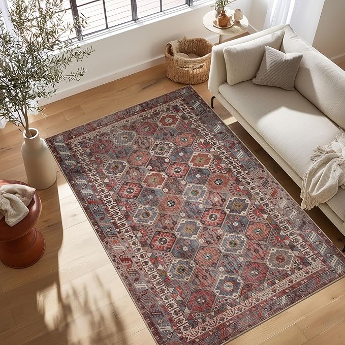 Kuden Area Rug, Machine Washable, Non-Slip Backing, Vintage Style, Soft, Low Pile, Perfect for Living Room, Bedroom, Kitchen, Dining Room - [5x7, Red/Blue/Beige]