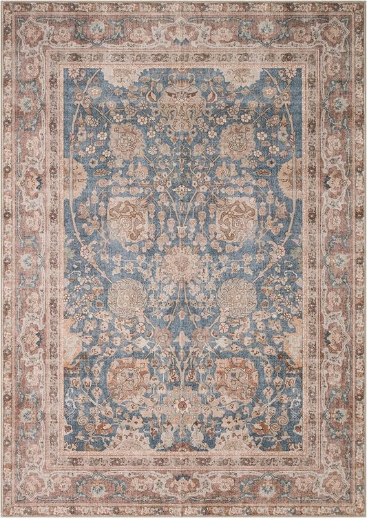 Kuden 10x14 Large Area Rug, Machine Washable Area Rug with Non-Slip Backing, Vintage Style, Soft, Easy Clean, Low Pile Rug for Living Room, Bedroom, Dining Room