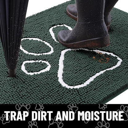 Smiry Dog Door Mat for Muddy Paws, Absorbent Dirt Trapper Non Slip Quick Dry Washable Chenille Mat for Mud Dogs, Entry Rug for Indoor and Outdoor (70x24 Inches, Green and White)