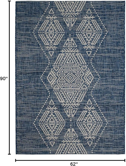 FH Home Outdoor Rug - Waterproof Easy to Clean Stain Resistant - Patio Indoor Outdoor Porch Deck Balcony Entryway - Boho Moroccan - Ariana - Blue - 5ft 2in x 7ft 6in