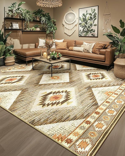 Area Rug 9x12 Rug Machine Washable Non-Slip Low Pile Print Pattern Western Rug for Living Room Bedroom Entryway Tribal Series -Cream/Camel