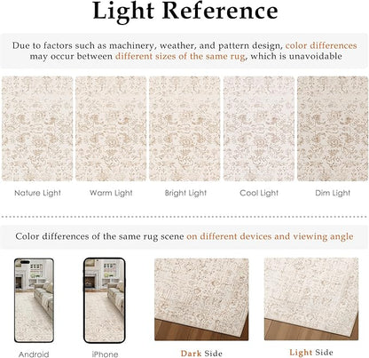 Beige Area Rug 9x12 Machine Washable Large Vintage Living Room Distressed Non Slip Carpet Traditional Indoor Bedroom Retro Floral Accent Throw Rug for Office Kitchen Dining Room