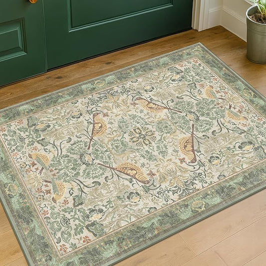 Sage Green Boho Bathroom Rugs - 2x3 Washable Non-Slip Soft Low Pile Area Rug for Entryway, Kitchen, and Decorative Door Mats - Vintage Farmhouse Design with Bird & Botanical Pattern Boho Décor