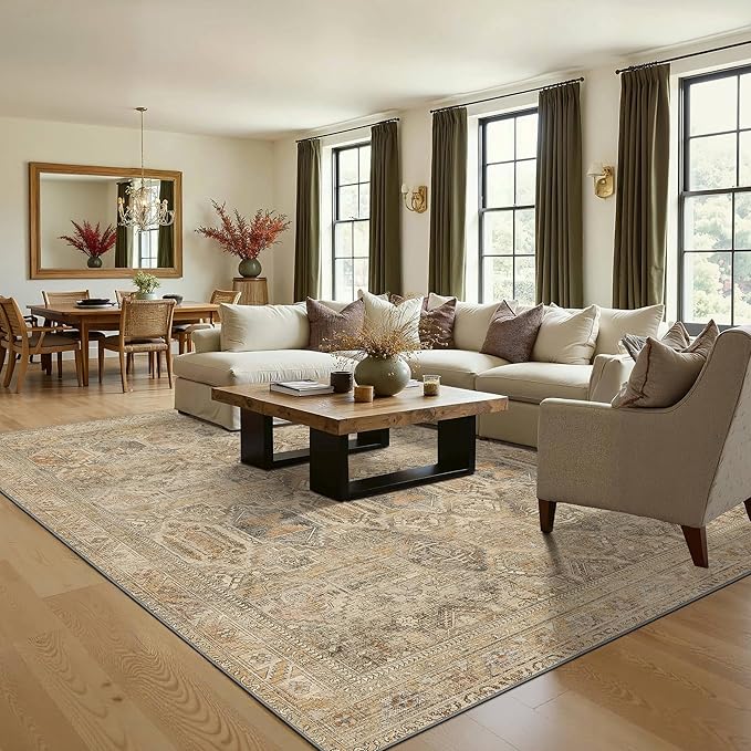 Bavni Washable Rug 6x9 Area Rug for Living Room Bedroom Dining, Washable Vintage Print Carpet, Ultra-Thin Chenille Low Pile Lightweight Rug with Non Slip Backing, Wood