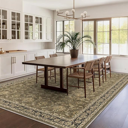 Washable Area Rug 9x12 Brown Rugs for Living Room, Vintage Boho Large Rug for Bedroom Dining Room Office, Distressed Floral Print Carpet for Under Table, Soft Non Slip Low Pile Throw Carpet Indoor Mat