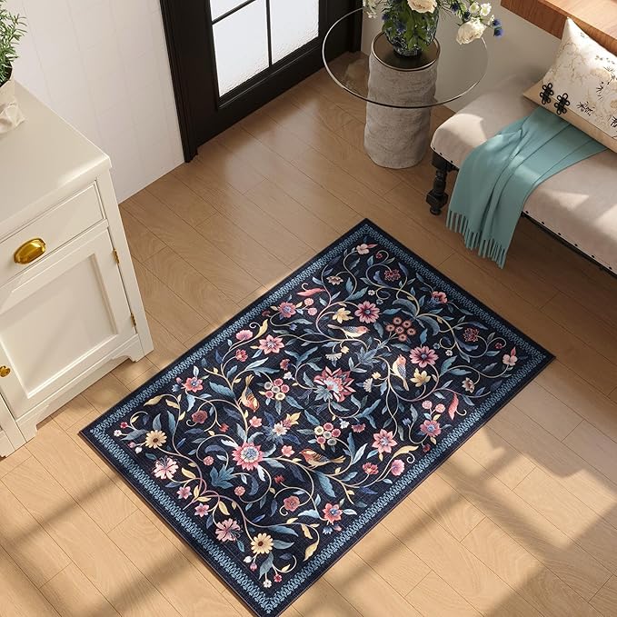 Vintage Medallion Floral Indoor Door Mat 2x3, Machine Washable Entryway Rug, Low Pile Soft Small Carpet, Non-Slip Area Rug for Entrance, Bedroom, Kitchen & Kids Room | Blue