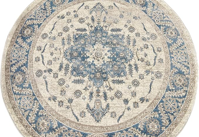 Unique Loom Salzburg Collection Classic Traditional Design Oriental Inspired Border Area Rug (5' 0 x 5' 0 Round, Beige/Blue)