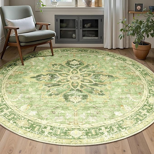 Area Rugs 6ft Washable Non-Slip, Floral Vintage Distress Print Pattern Medallion Carpet for Living Room Bedroom Dining Room, Sage Green Yellow