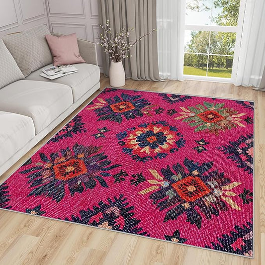 Southwestern Rugs for Living Room - 5x6ft - Ethnic Vintage Floral Medallion Rug for Bedroom Non Slip Low Pile Machine Washable Area Rugs, Southwestern Carpets House Decor & Gifts